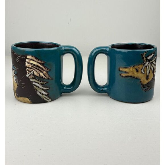 Set of 2 Mara Mexico Art Pottery Western Horse Stoneware Coffee Mugs Embossed FC - Picture 4 of 9
